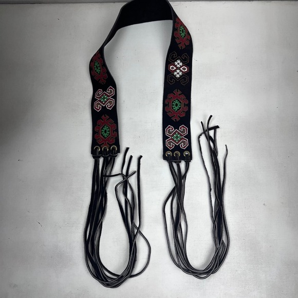 Accessories - Vtg Hand Painted 2" Wide Suede Leather Tribal Fringe Wrap Belt Brown Geometric